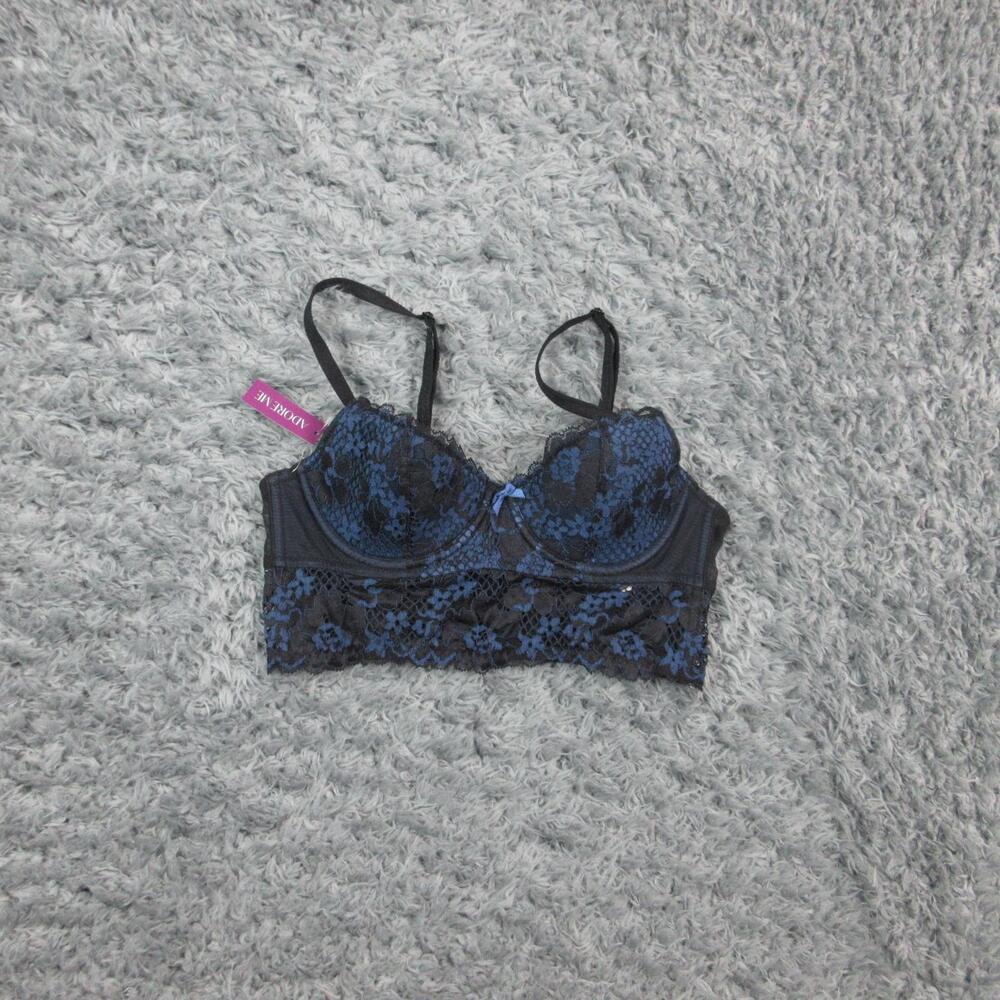 Adore Me Bra Womens 32B Black Blue Lace Longline Underwire Lined Adjustable NWT